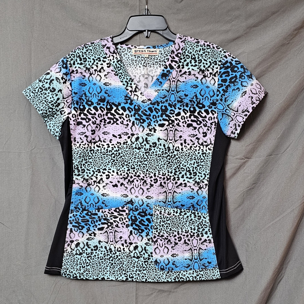 Vibrant Leopard Print Short Sleeve Scrub Top